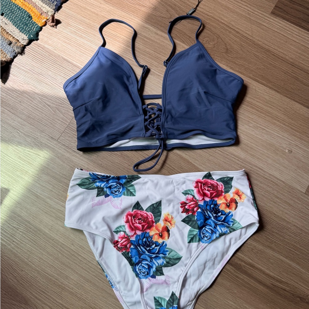 Floral Print Bikini Set - Blue and Multicolor